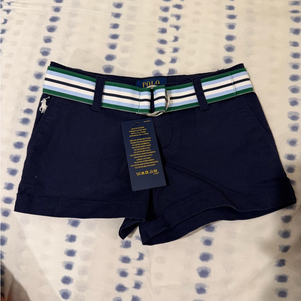 Ralph Lauren Navy Shorts with Green & White Striped Belt
